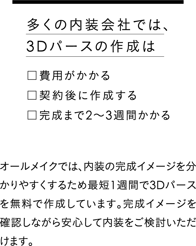 多くの内装会社では、3Dパースの作成は費用がかかる/契約後に作成する/完成まで2～3週間かかる